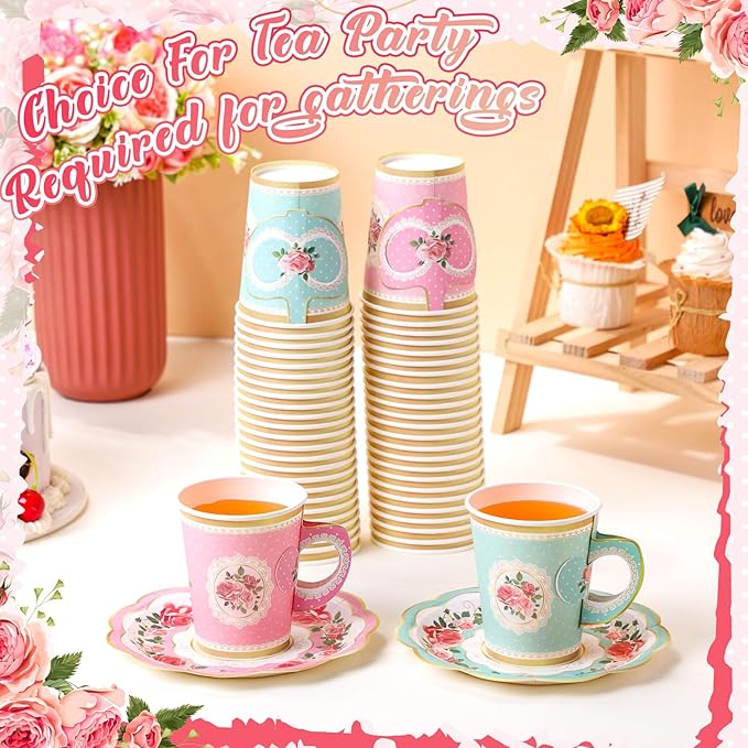 Tioncy 100 Pcs Tea Party Decorations Include 50 Pieces 9 oz Paper Tea Cups with Handle and 50 Plates Disposable Teacups and Saucers Sets for Birthday(Pink and Blue Floral)