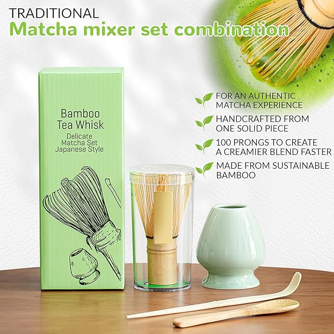 Traditional Japanese Matcha Tea Whisk Set, 4 Piece Bamboo Ceremonial Kit with Ceramic Holder (Celadon)