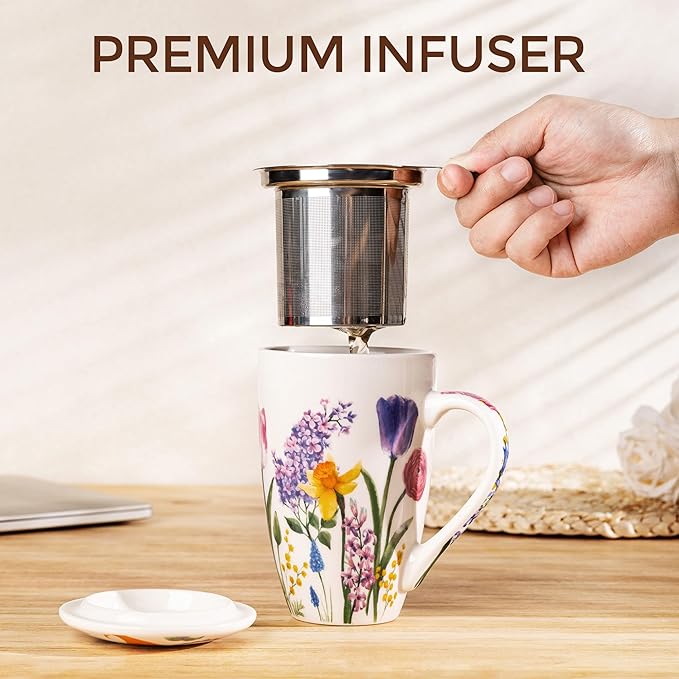 GBhome Tea Mug with Infuser and Lid, 18 Ounce Large Ceramic Loose Leaf Cup, Microwave, Dishwasher Safe, Perfect for Tea Lovers