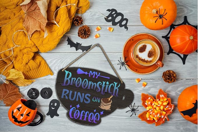 Halloween Witches Coffee Wood Sign My Broomstick Runs on Coffee Wood Plaque Rustic Hanging Sign for Home Coffee Bar Coffee Station Coffee Bar Table Coffee Bar Tiered Tray Wood Signs 4.8x6.78 Inch - Image 4