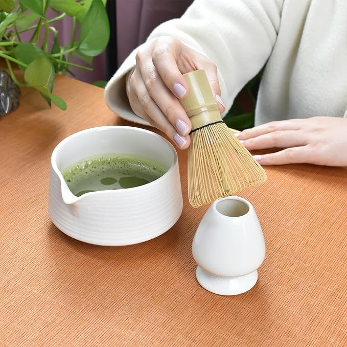 Artcome Matcha Tool Set - Complete Kit with Matcha Bowl with Spout, Bamboo Whisk, Tea Scoop, Whisk Holder, Scoop Holder, Tea Cloth & Powder Strainer, Porcelain White