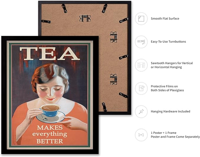 Poster Master Vintage Tea Makes Everything Better Print - Retro Food & Drink Poster - Positive Quotes Art - Gift for Women, Tea Lover - Decor for Kitchen, Teahouse - 11x14 Black Framed