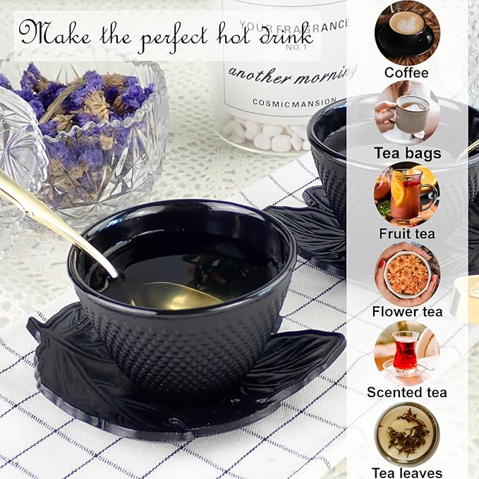 Japanese Tea Cups - 4pc Black Cast Iron Set, 2 Tea Cups and Saucers, 4oz Each