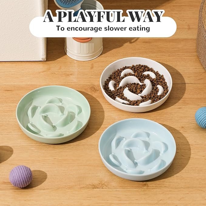 Slow Feeder Cat Bowl Set - White Melamine Maze Dish in 2 Styles (Single Bowl & with Bamboo Stand) - Whisker-Friendly, Shallow, Elevated Combo
