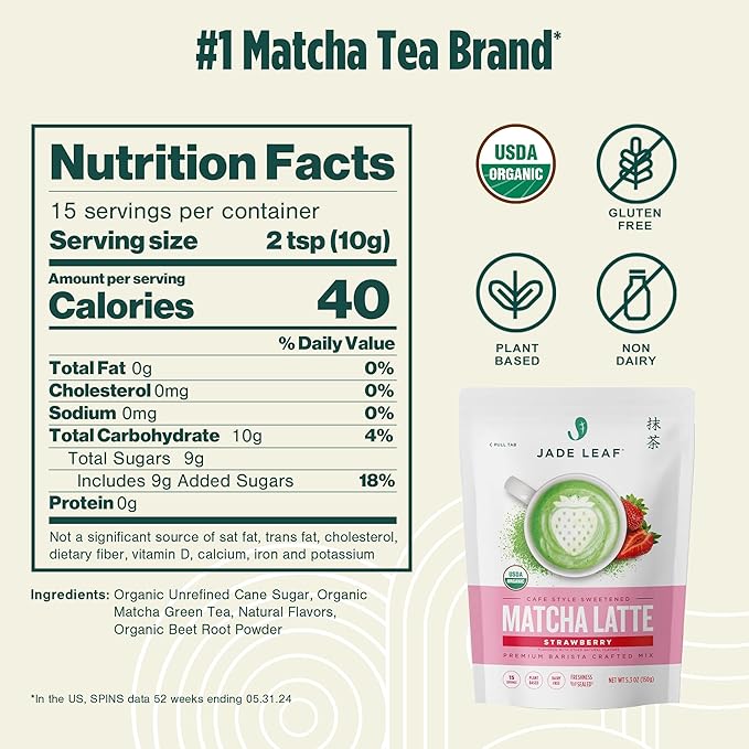 Jade Leaf Matcha Organic Strawberry Matcha Latte Mix - Lightly Sweet Japanese Matcha Green Tea Powder with Organic Cane Sugar for Café Style Blend, 5.3 Ounce / 150g (Pack of 1)
