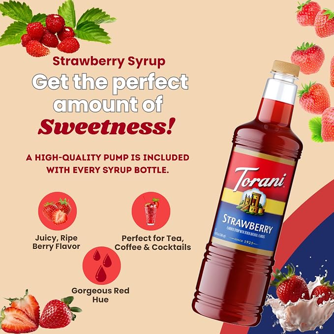Torani Strawberry Syrup 1 Liter Bottle with Pump – Premium Drink Flavoring Made with Pure Cane Sugar & Natural Flavors for Coffee, Cocktails, Mocktails, Lemonades & Desserts – Café-Quality Sweetener - Image 7