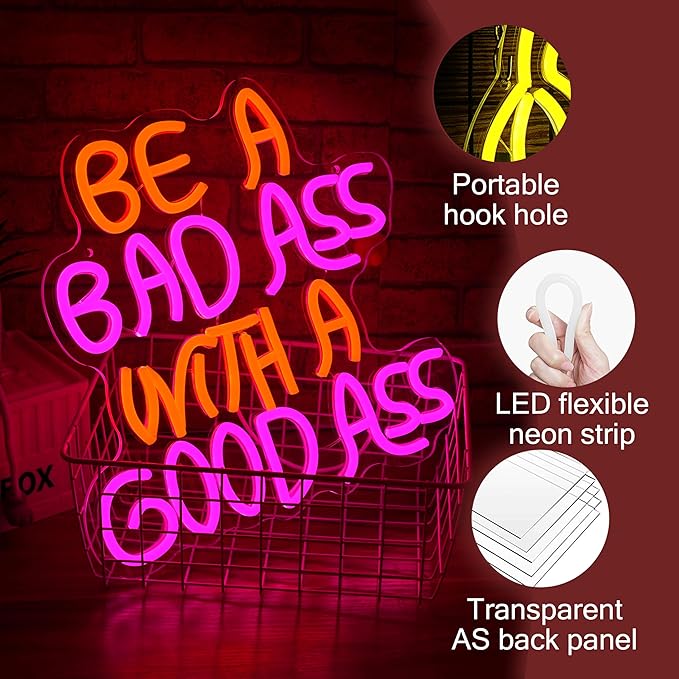 Be A Bad One With A Good One Neon Sign for Wall Decor Gym Light Up Sign with Adjusted Switch Usb Powered Pretty Letter Led Sign for Party Birthday Bar Pub Club Decoration(12.6 * 12.6 in)