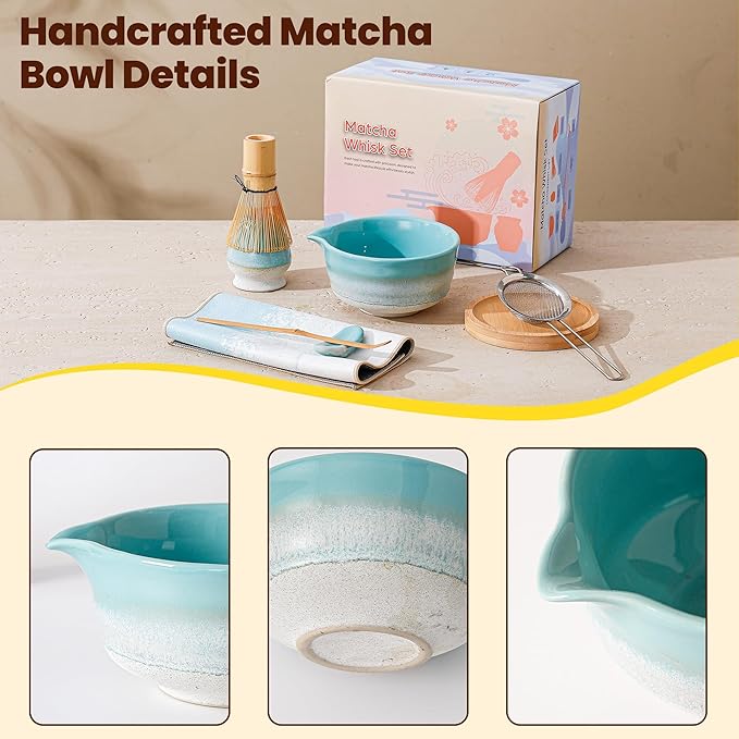 Matcha Whisk Set, Ceramic Matcha Kit Desert Style, Matcha Whisk and Bowl, Bamboo Scoop and Rest, Sifter and Tea Towel, 7 Pcs Gifts for Matcha Lover - Mint Green