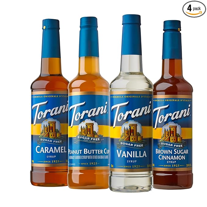Torani Sugar Free Flavored Drink Syrup Coffee Favorites Variety Pack, Caramel, Peanut Butter Cup, Vanilla & Brown Sugar Cinnamon, 25.4 fl oz (Set of 4)