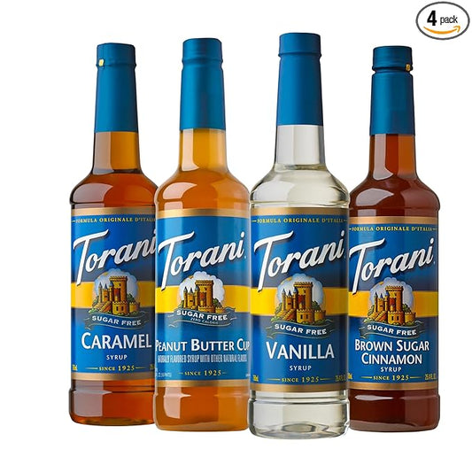Torani Sugar Free Flavored Drink Syrup Coffee Favorites Variety Pack, Caramel, Peanut Butter Cup, Vanilla & Brown Sugar Cinnamon, 25.4 fl oz (Set of 4)