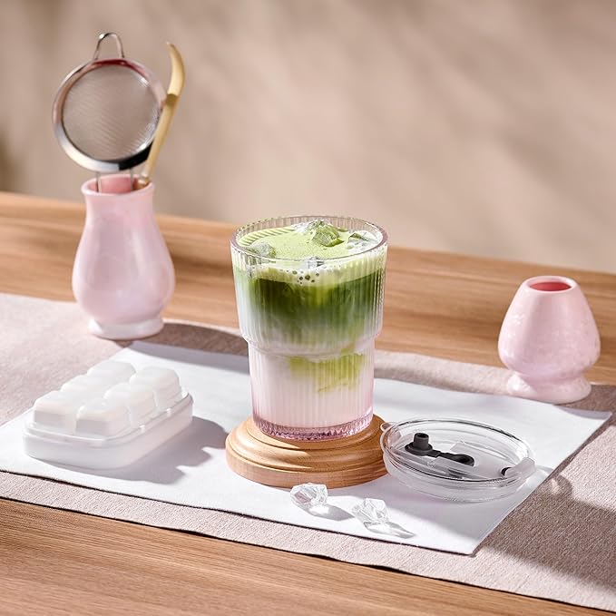 Matcha Whisk Set – Crystalline Glaze Bowl, Bamboo Whisk & Holder, Scoop & Sifter with Holder, Cup with Lid & Straw, Ice Cube Tray & Tea Towel – Pink Matcha Gift Set for Women, Women Gifts