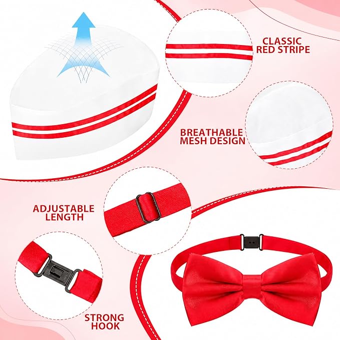 1950s Waiter Costume Kit, Soda Jerk Costume, Red and White Striped Half Apron with 2 Pockets, Chef Hat, Red Bow Ties - Image 3