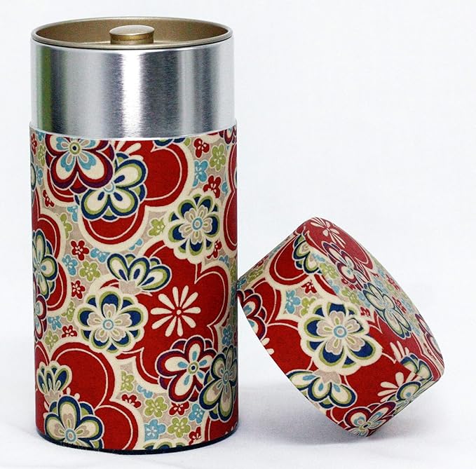 Washi Paper Tea Tin Canister: Long 7oz (200g) Red Plum-Blossoms Kimono (#111), Japan
