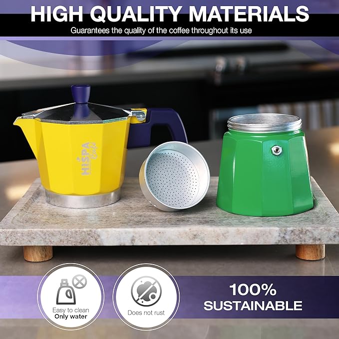 Stovetop Espresso Coffee Maker Moka Pot, 6 Espresso Cups (10.14 oz.), Aluminum, Silver, Green, Blue and Yellow, Brazil Themed, Cafeteira, Cafetera