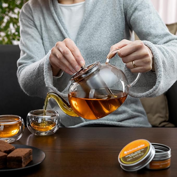 Glass Teapot Set with 4 Double Wall Tea Cups & Removable Stainless Steel Infuser, 35oz/1000ml Borosilicate Tea Kettle Stovetop Safe, Loose Leaf & Blooming Tea Maker Gift Set for Women