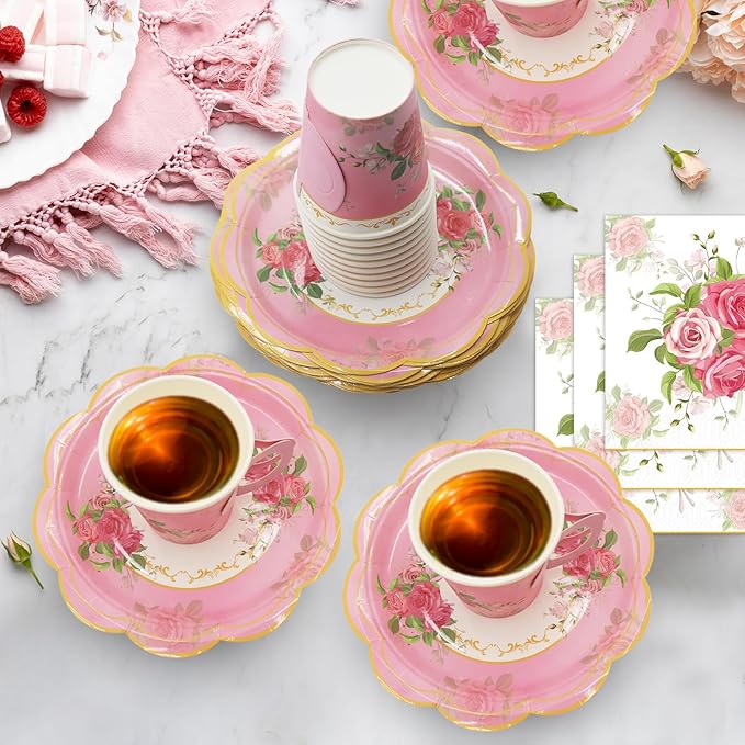 200Pcs Floral Tea Cups and Saucers for Tea Party Supplies, Disposable Tea Cups with Handle and Paper Napkins Dinnerware for Floral Theme Birthday Wedding Bridal Shower Baby Shower（Pink）