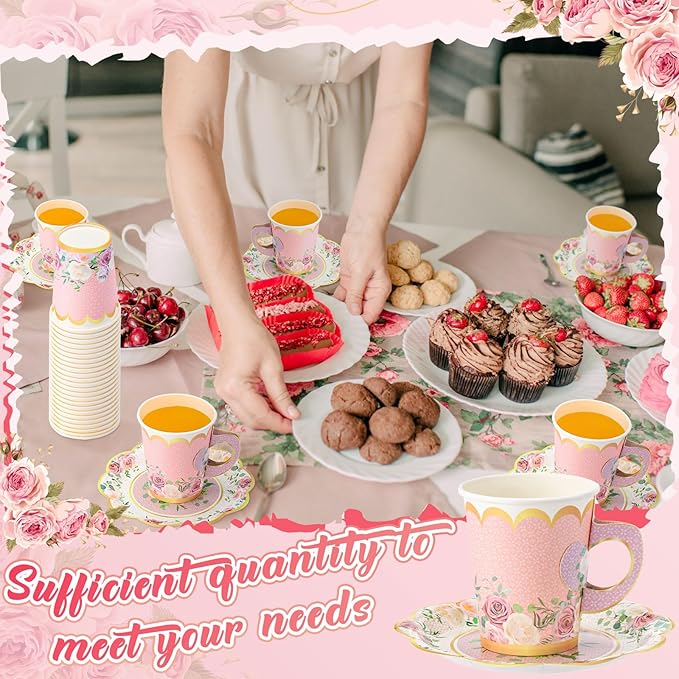 Tioncy 100 Pcs Tea Party Decorations Include 50 Pieces 9 oz Paper Tea Cups with Handle and 50 Plates Disposable Teacups and Saucers Sets for Birthday(Blossom)