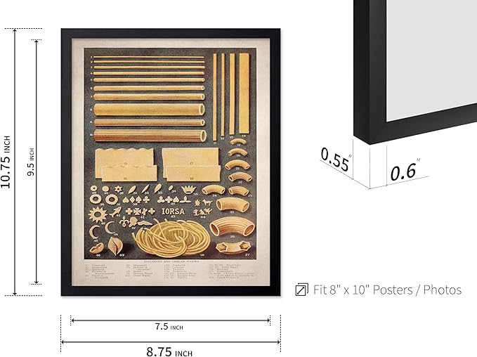 Poster Master Vintage Food & Drink Poster - Retro Pasta Print - Varieties of Pasta Art - Gift for Him, Her, Chef, Cook - Great Decor for Restaurant, Kitchen, Dining Room, 8x10 Black Framed