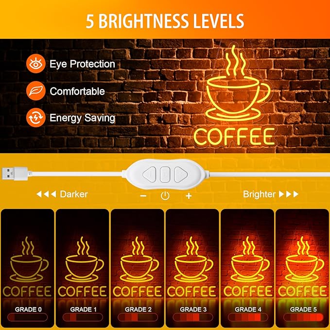 Basaneon Coffee Neon Sign for Wall Decor Dimmable Modern Led Sign for Cafe Shop, USB Powered Coffee Cup Neon Signs Light Up for Cafe Station Accessories Art Decor Party Decorations(15.7 * 12.8inches)