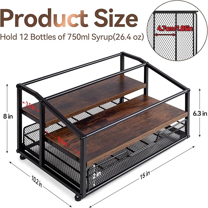 kimilus Coffee Syrup Rack Organizer, 3-Tier 8 Bottle Syrup Rack with 35 K Cup Drawer for Coffee Bar, Countertop Bottle Holder Stand for Dressing for Kitchen Cafe Station