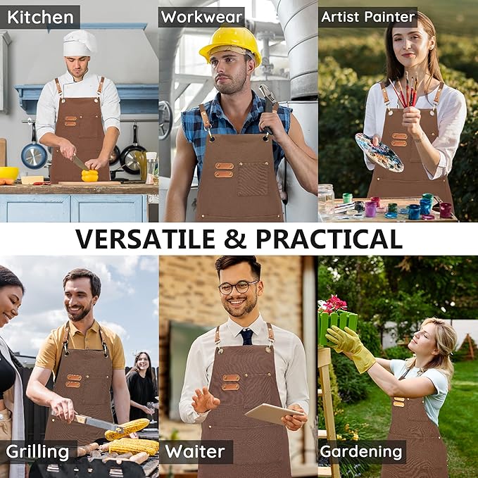 Canvas Aprons, Kitchen Chef Aprons, Work Aprons for Men Women, Adjustable Strap Aprons with 3 Pockets
