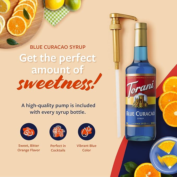 Torani Blue Curacao Syrup, Non-Alcoholic Flavoring for Drinks, Glass Bottle with Pump Included, 25.4 Fl Oz