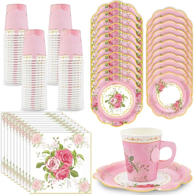 200Pcs Floral Tea Cups and Saucers for Tea Party Supplies, Disposable Tea Cups with Handle and Paper Napkins Dinnerware for Floral Theme Birthday Wedding Bridal Shower Baby Shower（Pink）
