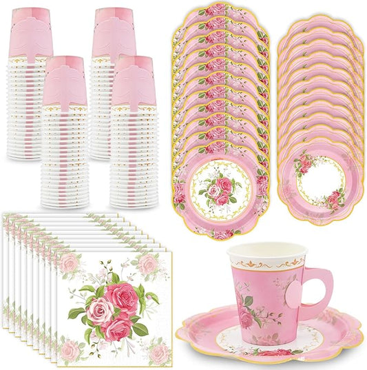 200Pcs Floral Tea Cups and Saucers for Tea Party Supplies, Disposable Tea Cups with Handle and Paper Napkins Dinnerware for Floral Theme Birthday Wedding Bridal Shower Baby Shower（Pink）