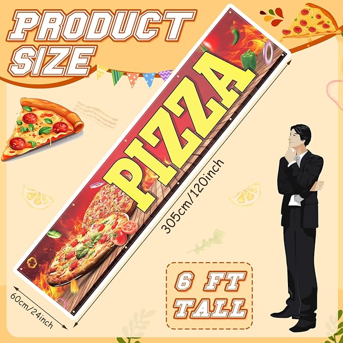 Tegeme Pizza Banner Sign for Shop Truck Decor 2x10 ft/ 24x120 Inch Pizza Party Decorations Pizza Birthday Party Supplies with 10 Grommets for Easy Hang Indoor Outdoor