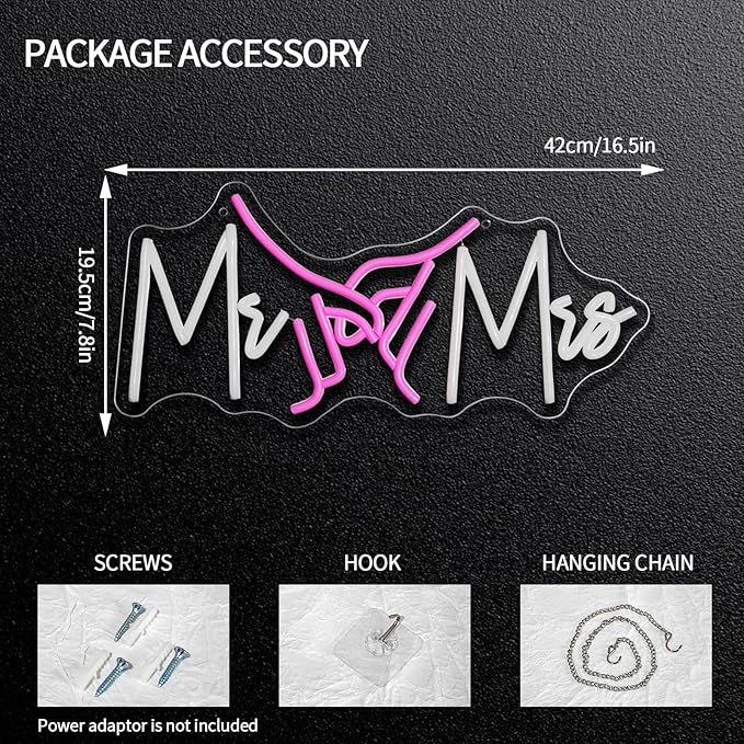 Mr and Mrs Neon Sign Dimmable for Wedding Decor Hand in Hand Neon Light Sign Mr & Miss Led Signs for Bridal Shower Anniversary Party Engagement Valentines Day Gift 16.5" x 7.8"