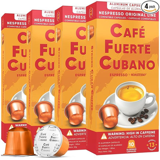 Café Fuerte Cubano, Aluminum Espresso Capsules, Compatible with Nespresso Original Machines, Dark Roast, Intensity 13, High Caffeine, Recyclable Coffee Pods, Roasted and Packaged in USA (40 Count)