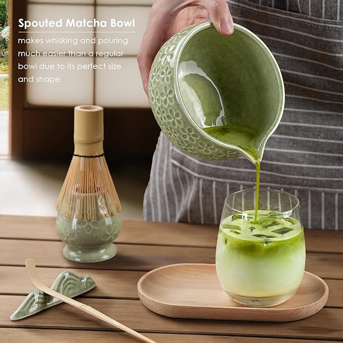 7Pcs Matcha Whisk Set, Matcha Set Whisk and Bowl,Bamboo Scoop, Scoop Rest, Sifter and Tea Towel, Matcha Kit W/Carved Cherry Blossm Pattern for Matcha Lovers (Sakura Green)