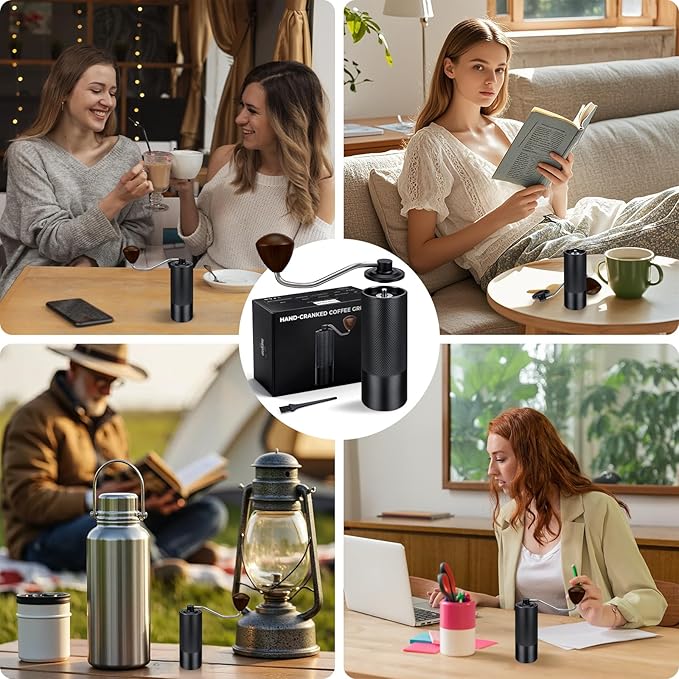 Manual Coffee Grinder, Stainless-Steel Burr Hand Crank, Adjustable Grind for Espresso, Pour Over, French Press, Quiet Portable Travel Coffee Bean Grinder, Easy Clean (Black)