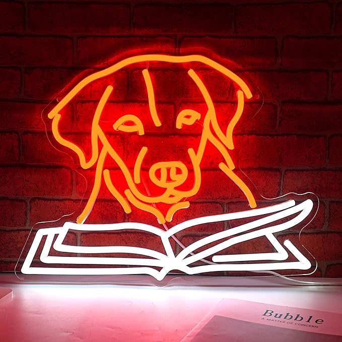 Golden Retriever Reading Book Neon Sign for Wall Decor Usb Powered Labrador Dog Light Up Sign Unique Dimmable Read Books Led Sign for Bookstore Study Room Cafe Pet Shop (16.14 * 12.6 in)