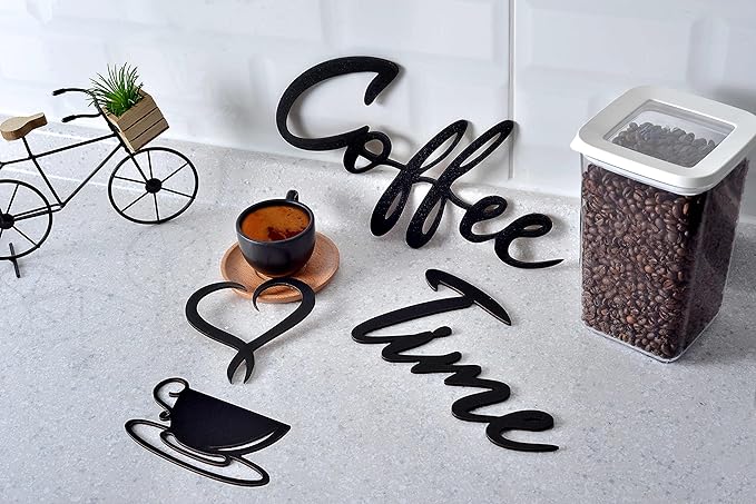 4eN Coffee Time Wall Sign – Modern MDF Wooden Wall Decor for Kitchen & Coffee Bar – Stylish Cafe & Coffee Corner Decoration-4 Pieces