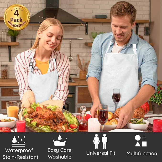 4 Packs Chef Apron, Waterproof Apron, Adjustable Aprons with 2 Pockets for Men Women, Professional Aprons for Kitchen Cooking Gardening Painting Baking Restaurant (White) - Image 2
