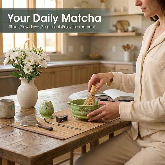 7-Piece Matcha Set with Ceramic Matcha Bowl, Bamboo Whisk (Chasen) & Holder, Sifter, Tea Scoop & Rest, Special Bamboo Tea Mat - Perfect Matcha Kit for Matcha Lovers & Gift Giving, Green