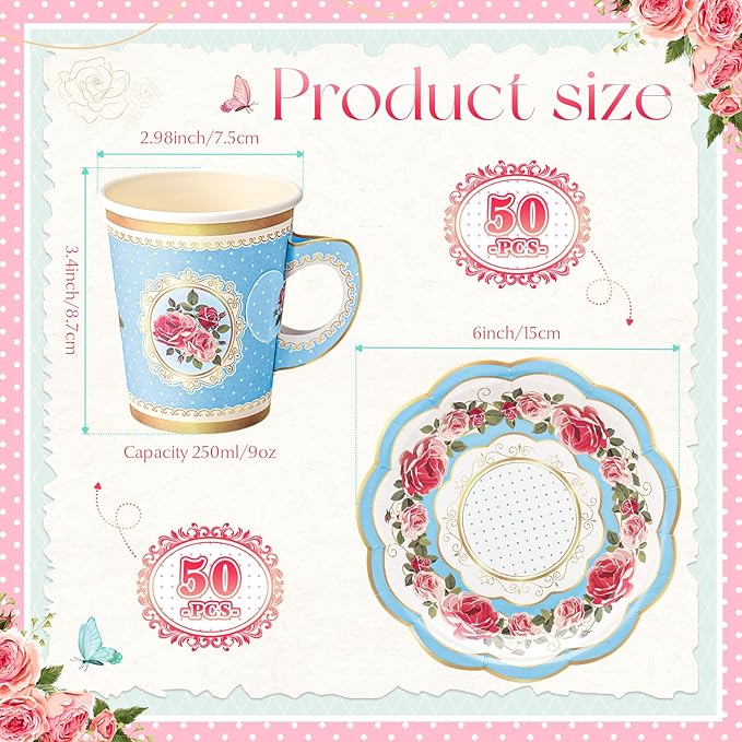 Tioncy 100 Pcs Tea Party Decorations Include 50 Pieces 9 oz Paper Tea Cups with Handle and 50 Plates Disposable Teacups and Saucers Sets for Birthday Baby Shower(5 Colors)