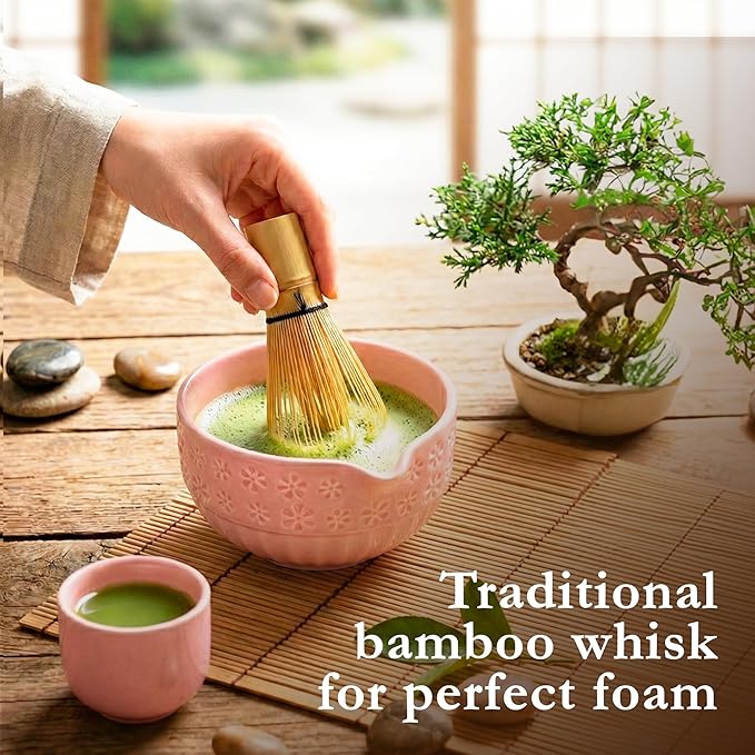 Matcha Whisk Set, Ceramic & Pink Matcha Set with Bowl, Bamboo Whisk, Scoop, Strainer, Scoop Rest, Holder, Cloth + Instruction Handbook – Traditional Japanese Tea Ceremony Kit