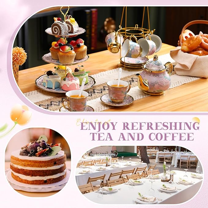 21 Pcs Ceramic Teapot Set Vintage Porcelain Tea Cups with Metal Holder and High Tier Cupcake Stand Saucers for Women Girls Farmhouse European Weddings Party Decor Gifts(Purple,Delicate)