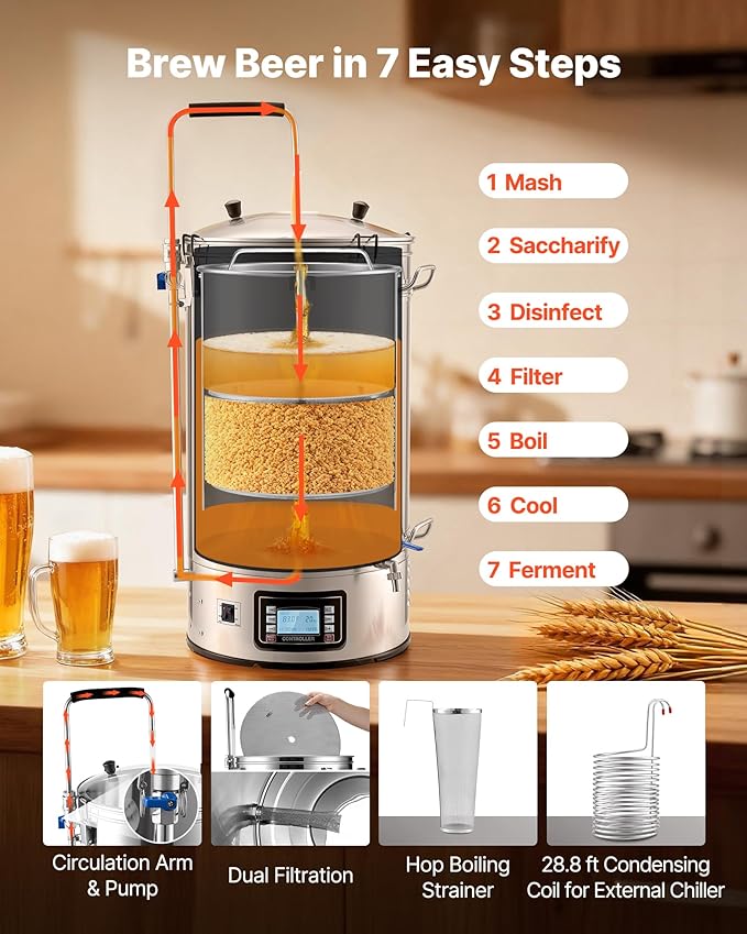 VEVOR Beer Brewing Equipment, 16 Gal/60L Beer Maker with Anti-Burn Pump and Wort Chiller,3000W All-in-One Home Brewing Kit with Digital Control, Recipe Memory & Timer, Removable mesh strainer