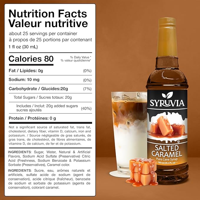 Syruvia Coffee Syrup, Salted Caramel Flavored Syrup for Drinks, Lattes, and Desserts – 25.4 fl oz, With Pump