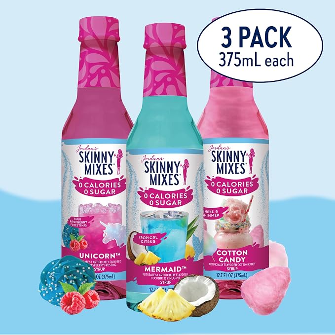 Jordan's Skinny Mixes Sugar Free Syrup Trio Sampler Pack – Mermaid, Unicorn & Cotton Candy, As Seen on Watertok, Drink Mix for Iced Tea, Lemonade & More, Zero Calorie, 12.6 Fl Oz Each (pack of 3) - Image 2