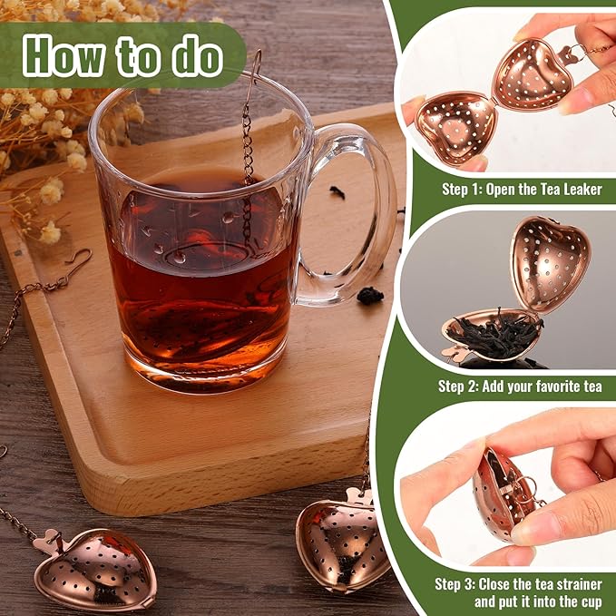 Sumind 25 Pcs Heart Tea Strainer Stainless Steel Ball Infuser Loose Leaf Steeper Interval Diffuser Mesh Filters with Extended Chain Hook for Cup Bottle Tea Party Wedding Bridal Shower(Rose Gold)