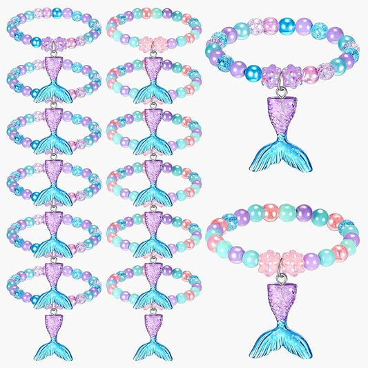 Ecally 12 Pcs Mermaid Party Favors Mermaid Beaded Bracelet Bulk Ocean Party Supplies Costume Jewelry Princess Birthday Prize Gifts