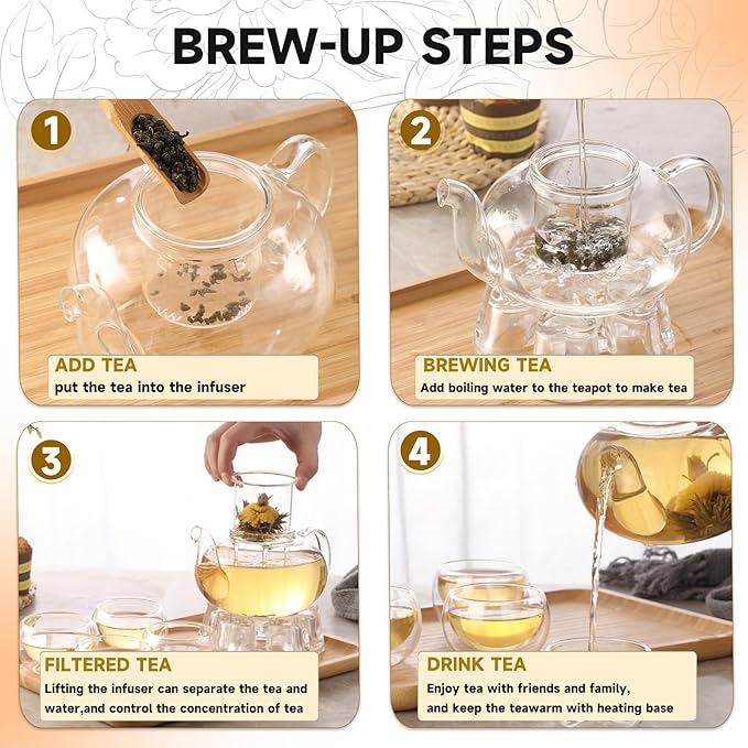 Glass Teapot Set, 34OZ/1000ML Glass Tea Kettle with Loose Tea Infuser & Warmer, 5OZ/150ML Double-Wall Tea Cup Set of 4, Stovetop & Microwave Safe Tea Maker, Blooming Tea Gift Set For Women