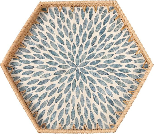Hexagon Rattan Tray with Mother of Pearl Inlay, Rattan Serving Tray for Coffee, Bread, Fruits, Snacks, Decorative Wicker Tray for Table Decor, Home Decor (Light Blue Leaves, 14.5"×12.8")