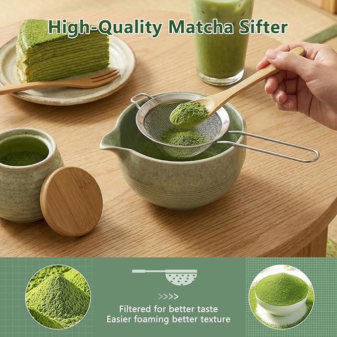 Matcha Whisk Set 11 Pcs - Japanese Matcha Kit with Bamboo Chasen, Ceramic Bowl with Spout, Scoop, Sifter, Towel - Tea Ceremony Gifts for Matcha Lovers, Christmas, Beginners, Birthday (Green)
