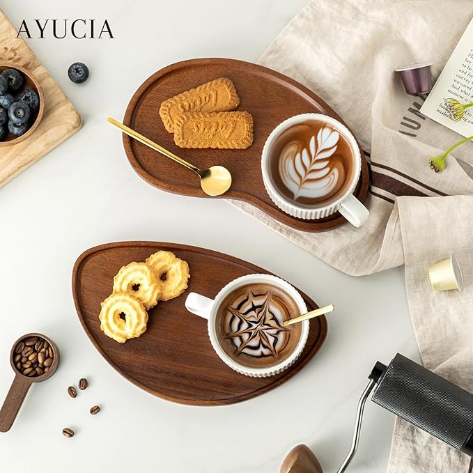 Tea Cups and Saucers Set of 2, 8OZ Cappuccino Cups with Acacia Serving Saucers and Spoons, White Cream Ceramic Coffee Mugs with 9.4inch Wooden Plates for Latte Dessert Breakfast
