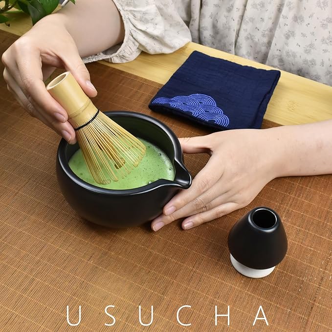 Artcome 7 Pcs Complete Matcha Ceremony Kit for Tea Ceremony, Bowl with Pouring Spout, Whisk, Tea Scoop, Matcha Powder Strainer, Matchatools For Making Usucha, Koicha and Matcha Latte (Black)